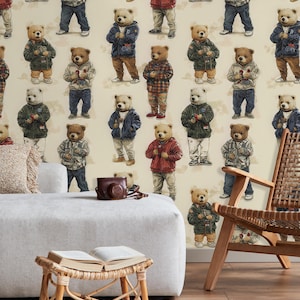 Stylish Teddy Bear Wallpaper - Kids Rooms, Nurseries, Peel and Stick Wallpaper | Canvas Wallpaper | Removable Wallpaper