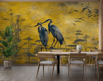 Chinoiserie Wallpaper, heron Wall Mural, Wallpaper Vintage, Chinoiserie Wallpaper Peel and Stick, Wallpaper With Birds , Mural