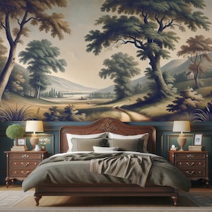 Vintage Pastoral Landscape Wallpaper, classic Wallpaper, Landscape Wallpaper, Rural Wallpaper, Peel and Stick Wallpaper,