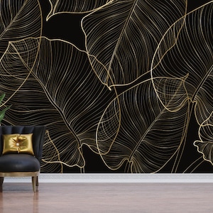Black Gold Lines Leaf Wallpaper, Sticktapete, Vinyltapete, Tapetenzimmer