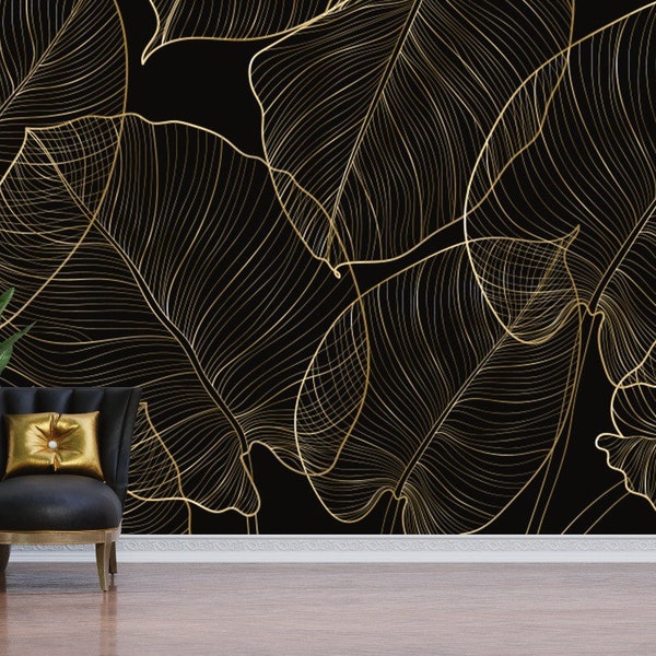 Papel pintado autoadhesivo negro y dorado - Mural de pared no tejido / Envío con derechos pagados