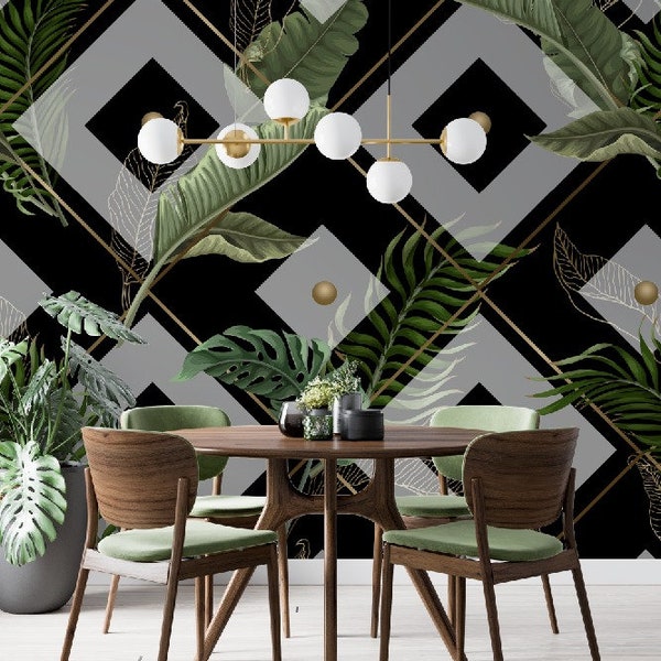Seamless pattern with tropical leaves, gold and geometric elements/ peel and stick wallpaper vinyl wallpaper wallpaper room