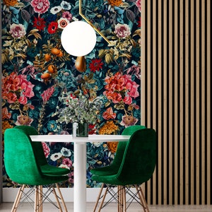 Dark Garden Wallpaper, Floral Wall Mural, Peel and Stick Wall Mural, Scandinavian Wallpaper, Removable Wallpaper Blue, Vintage Wallpaper