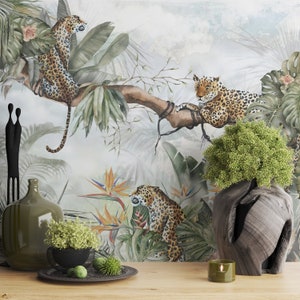 tropical trees and tigers wallpaper / peel and stick wallpaper vinyl wallpaper wallpaper room