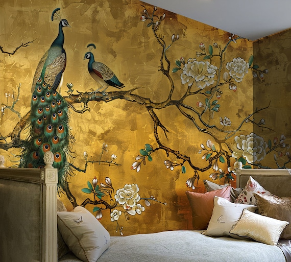 Peacock Floral Peel and Stick Wallpaper | Golden Canvas Removable Wallpaper