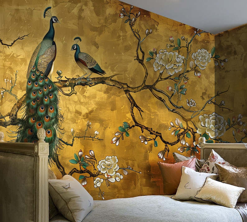 Pfau Floral Peel and Stick Wallpaper | Abnehmbare Tapete - Goldene Leinwand Bild 1