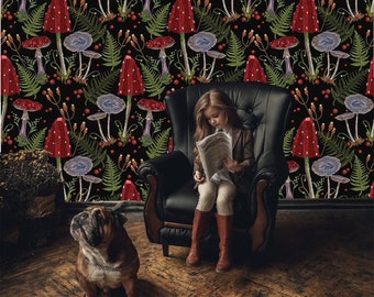 Mushroom Floral Wallpaper – Vintage Black & Red Botanical Peel and Stick Wall Mural