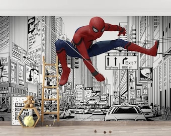 May include: A mural featuring a comic book style cityscape with a red and blue Spider-Man figure. The background is black and white with building outlines, billboards, and cars. A wooden ladder and a shelf with toys are in the foreground.