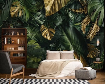 Tropical dark palm leaves wall mural/ peel and stick wallpaper vinyl wallpaper wallpaper room