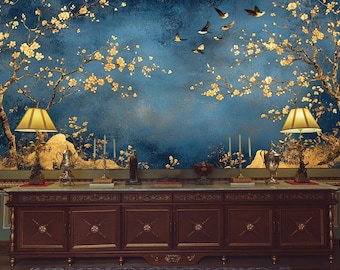 Blue Gold Wall Mural Cherry Blossom Decor | Peel and Stick  | Non-Woven | Removable