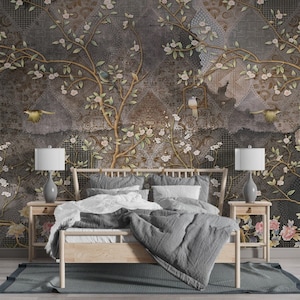 3d wallpaper design with old flowers on old tile wall /peel and stick wallpaper vinyl wallpaper wallpaper room
