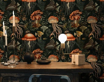 Jellyfish Removable Wallpaper: Dark Ocean Peel and Stick Wall Decor