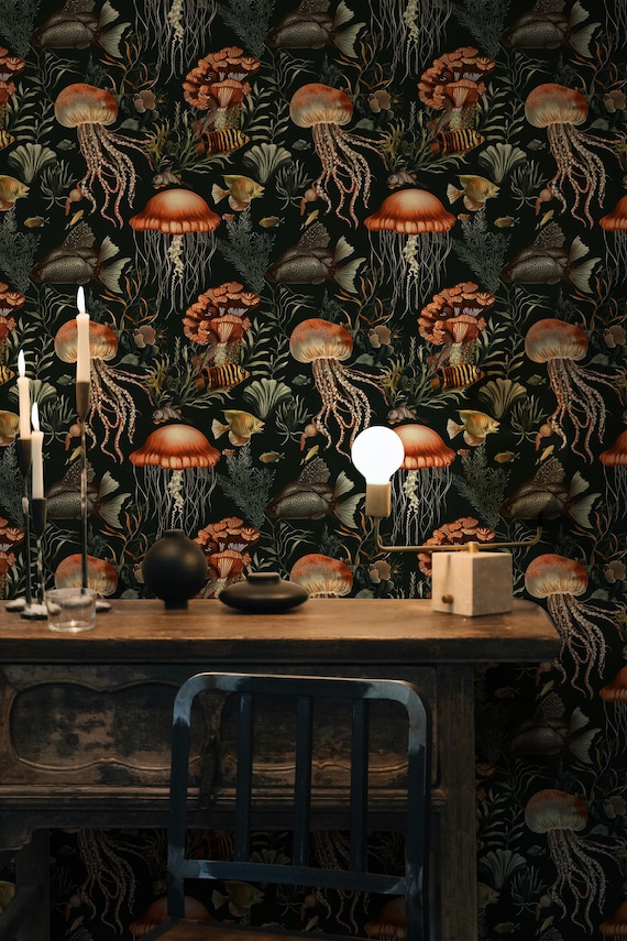 Jellyfish Removable Wallpaper: Dark Ocean Peel and Stick Wall Decor