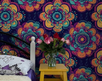 Colorful Mandala Floral Wallpaper: Boho Chic Peel and Stick Wall Mural