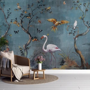 Chinoiserie Flowers and Birds Wallpaper, Removable Wallpaper, Asian Wall Art, Peacock with Peony Flowers Wall Mural