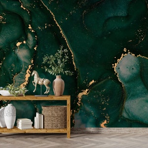 Carta da parati verde scuro, Carta da parati in marmo dorato, Carta da parati in malachite, Carta da parati astratta, Carta da parati staccabile e incollata, Carta da parati murale, Murale 3D