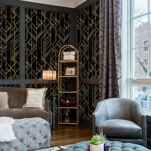 Geometric Art Deco Wallpaper | Black and Gold Peel and Stick Wall Decor | Peel and Stick, Non-Woven, Canvas Options