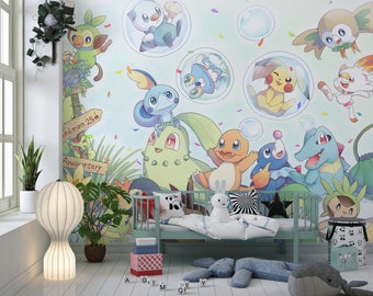 Pokemon Wallpaper , Kids Wallpaper Peel and Stick, Calcomanía de pared de guardería, Fondo de pantalla extraíble para niños, Fondo de pantalla de guardería, Mural de palo