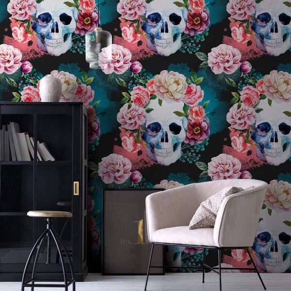 skull and flowers wallpaper peel and stick wallpaper vinyl wallpaper wallpaper room