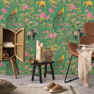 Tropical Forest Wallpaper - Exotic Bohemian Peel and Stick Wallpaper with Elephants, Peacocks and Floral Patterns | Removable  Wallpaper