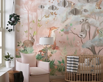 Pink Animal Forest, Kids Wallpaper Peel and Stick, Kids Room Wall Decal, Removable Kids Wallpaper, Kids Room Wallpaper,Stick Wall Mural