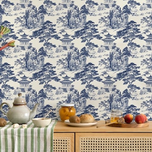 Blau Chinoiserie Toile Tapete: Pagode Malerische Wandbild, Schälen und Kleben Leinwand
