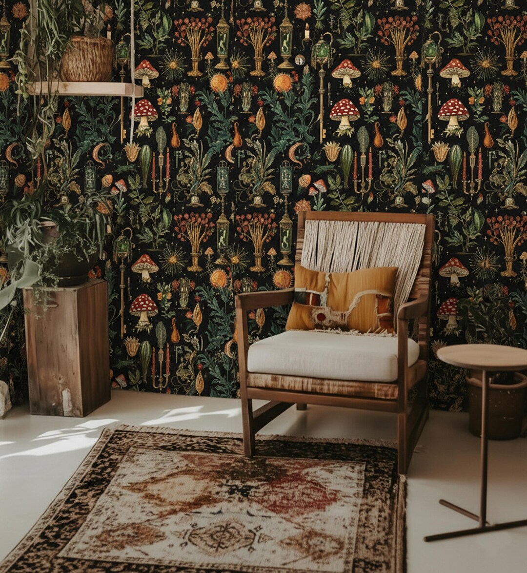 Dark Botanical Mushroom Wallpaper Mural | Peel and Stick or Non-woven ...