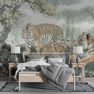 abstrakte Dschungel, Tiger und Jungtiere Tapete / Peel and Stick Wallpaper Vinyl Tapete Wallpaper Room