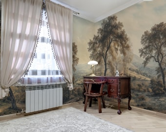 Puede incluir: Una habitación con un gran mural de una escena de bosque en la pared. El mural presenta árboles, colinas y un camino. Un escritorio de madera con una silla se encuentra frente al mural. Un radiador blanco es visible debajo de una ventana con cortinas transparentes.