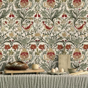 William Morris Inspired Peel and Stick Wallpaper - Arts and Crafts Style, Botanical Wall Mural | Removable Wallpaper