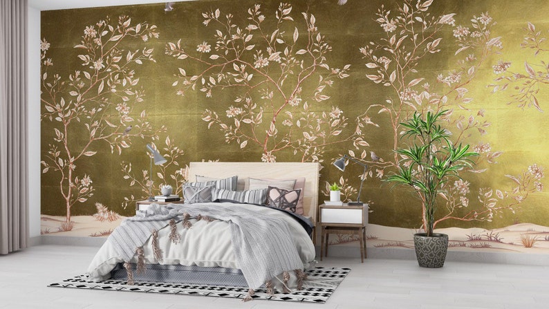 gold background chinoiserie wallpaper / peel and stick image 1 - best wallpaper for an accent wall