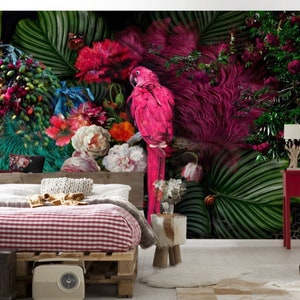 exotic jungle pattern macaw bird kids wallpaper/ peel and stick wallpaper vinyl wallpaper wallpaper room