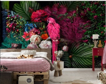 exotic jungle pattern macaw bird kids wallpaper/ peel and stick wallpaper vinyl wallpaper wallpaper room