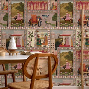Vintage Mughal Miniature Painting Wallpaper - Indian Cultural Art Wall Mural - Removable Wallpaper