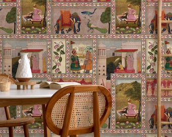Vintage Mughal Miniature Painting Wallpaper - Indian Cultural Art Wall Mural - Removable Wallpaper