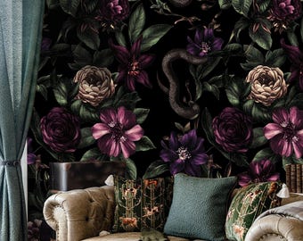 Donker bloemenslangenbehang | Gotische Peel-and-Stick-muurschildering - Moody Botanical Wall Decor