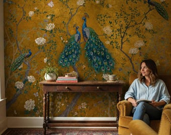 Peacock Wallpaper Mural, Chinoiserie Birds and Floral Garden
