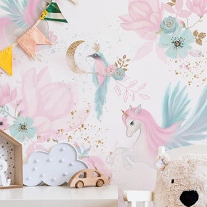 Beautiful White and Pink Wallpaper for Girls with Unicorns and Roses / peel and stick wallpaper vinyl wallpaper wallpaper room