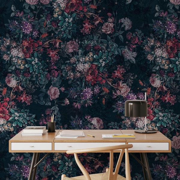 Dark Luxury Floral Wallpaper, Gothic Dark Wallpaper, Black Garden Floral, Peel and Stick Flower, Self Adhesive and Removable, Vintage Mural