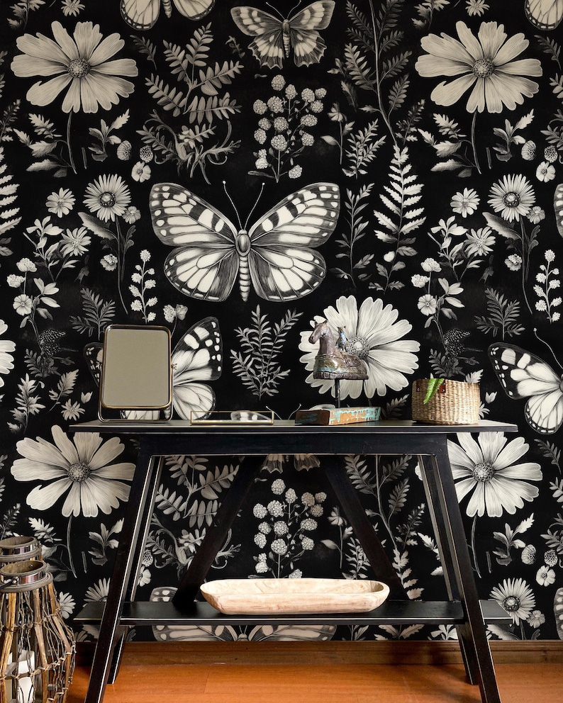 Black Floral Wallpaper: Gothic Butterfly Mural, Peel and Stick - Etsy