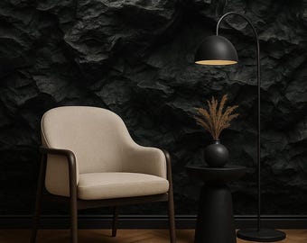 3D Black Rock Texture Wallpaper – Realistic Stone Wall Mural, Peel and Stick Vinyl