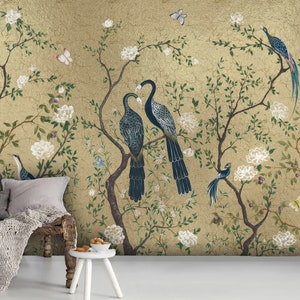 Carta da parati vintage con uccelli e fiori - Carta da parati Chinoiserie staccabile e adesiva - Carta da parati rimovibile - Carta da parati autoadesiva