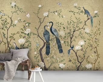 Vintage Chinoiserie Bird and Flower Wallpaper - Peel and Stick