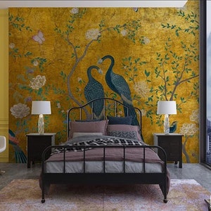 Chinoiserie Wallpaper, Peacock Wall Mural, Wallpaper Vintage, Chinoiserie Wallpaper Peel and Stick, Wallpaper With Birds and Flowers, Mural image 4