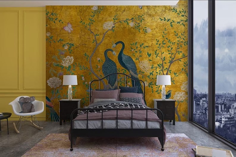 Chinoiserie Wallpaper, Peacock Wall Mural, Wallpaper Vintage, Chinoiserie Wallpaper Peel and Stick, Wallpaper With Birds and Flowers, Mural image 4