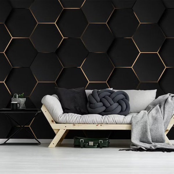 Luxury hexagons wallpaper, abstract, golden lines, geometric, Wall Mural/ peel and stick wallpaper vinyl wallpaper wallpaper room