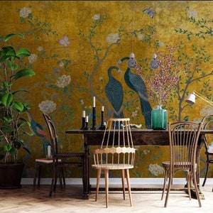 Chinoiserie Wallpaper, Peacock Wall Mural, Wallpaper Vintage, Chinoiserie Wallpaper Peel and Stick, Wallpaper With Birds and Flowers, Mural image 2