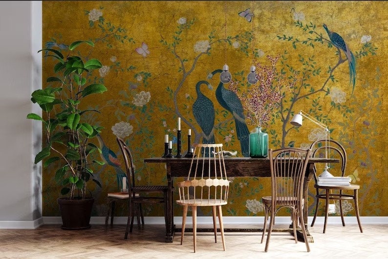 Chinoiserie Wallpaper, Peacock Wall Mural, Wallpaper Vintage, Chinoiserie Wallpaper Peel and Stick, Wallpaper With Birds and Flowers, Mural image 2