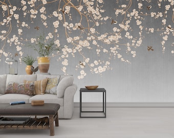 Vintage Chinoiserie Wallpaper: Birds and Flowers Peel and Stick Mural