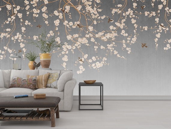 Vintage Chinoiserie Wallpaper: Birds and Flowers Peel and Stick Mural